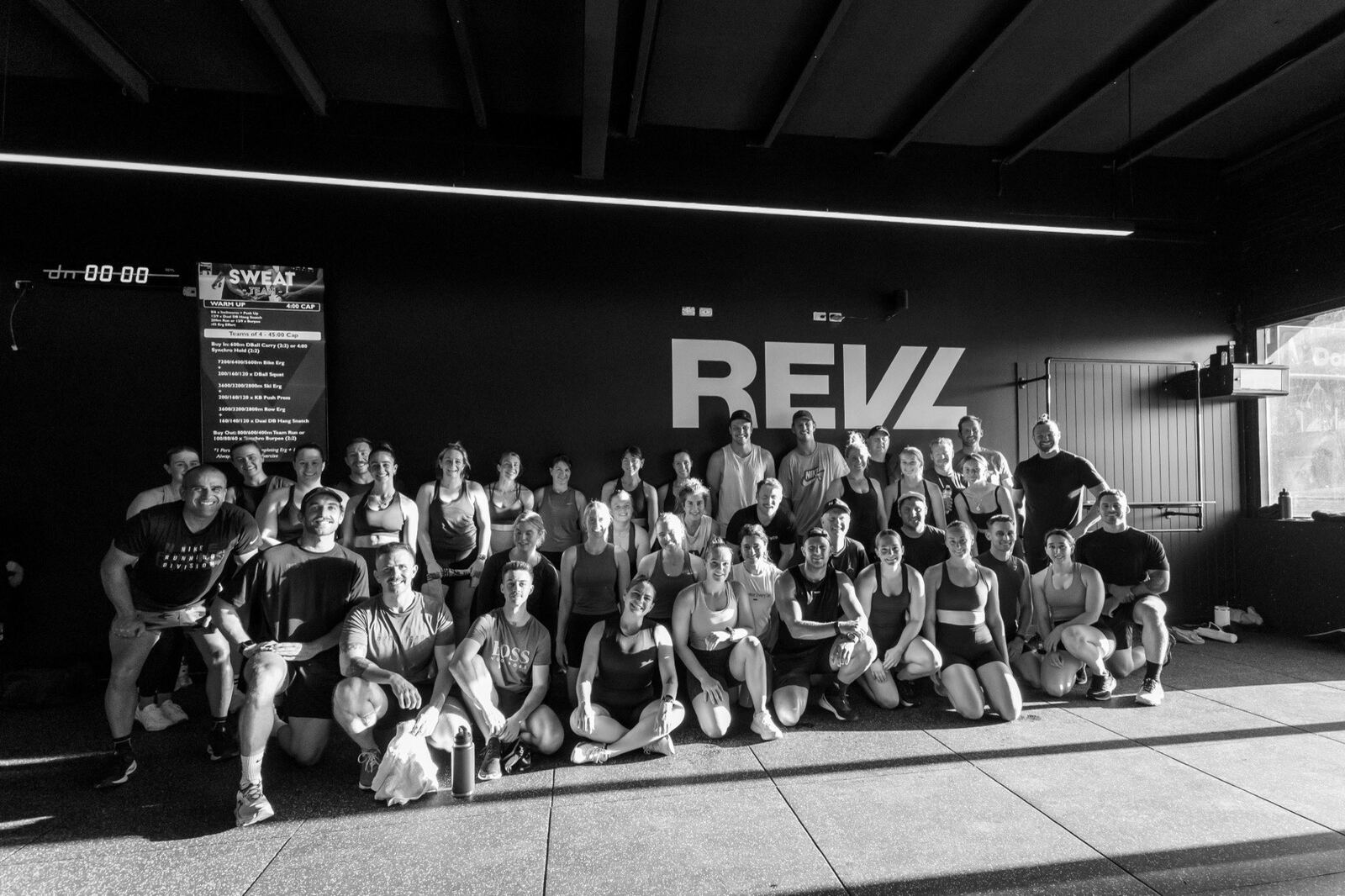 The studio floor full of members after a session